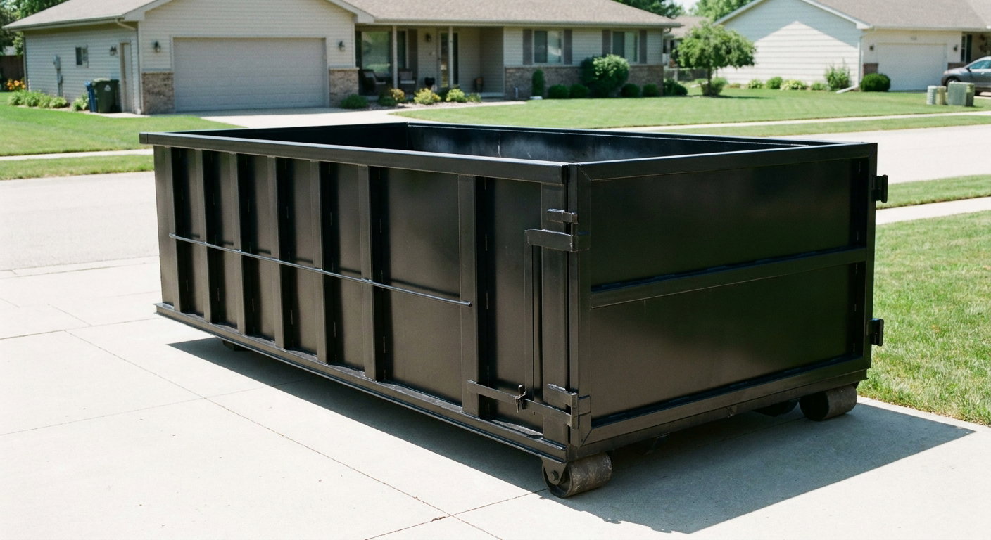Matte-black 10-yard roll-off dumpster on a residential concrete driveway in Plantation, uniformly painted matte black across every panel and rail, ribbed steel sidewalls and rear swing door visible, mid-day daylight.