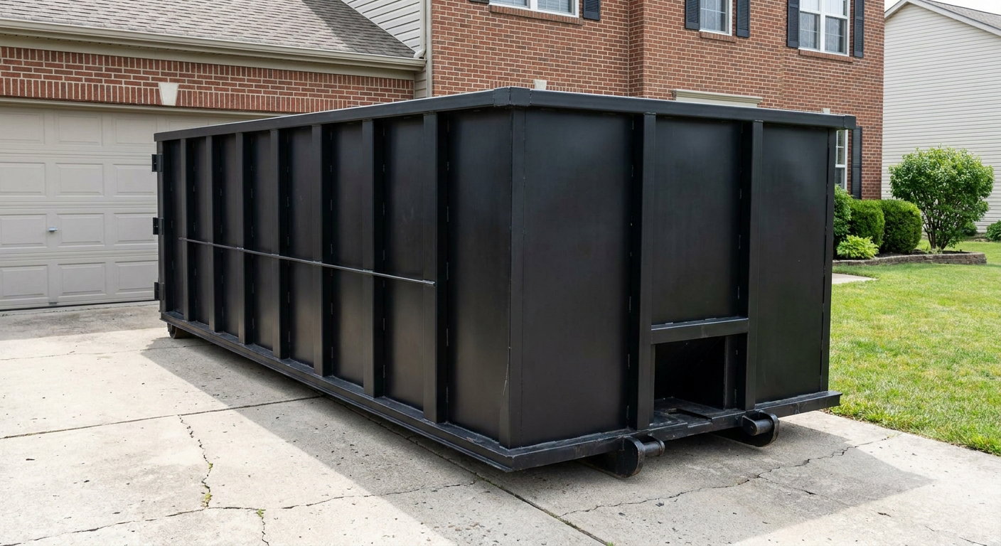 Matte-black 20-yard roll-off container on a Plantation residential concrete driveway with reinforced ribbed steel sidewalls and a hinged rear walk-in door, clean bright daylight.