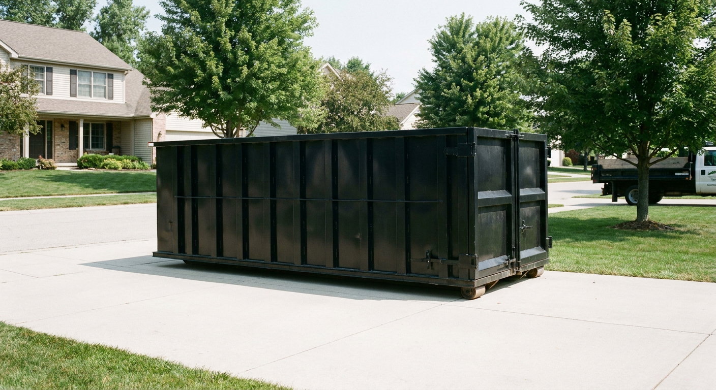 Matte-black 20-yard roll-off dumpster sitting level on a clean Plantation residential concrete driveway under bright daylight, demonstrating clean placement directly on the concrete.