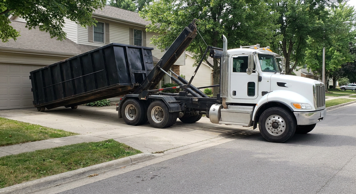 White-cab hooklift roll-off truck actively lowering a matte-black dumpster onto a Plantation residential concrete driveway, the dumpster's rear wheels touching the driveway as the hoist arm tilts the bed forward, mid-morning daylight.