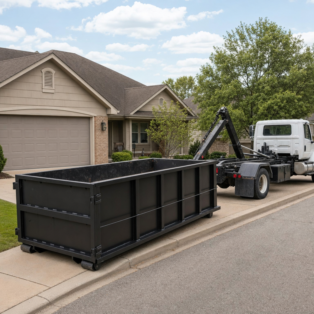 Wide documentary shot of a matte-black roll-off dumpster on a Plantation residential driveway in the foreground and a contractor jobsite container in the soft-focus background, bright daylight, calm and orderly composition.