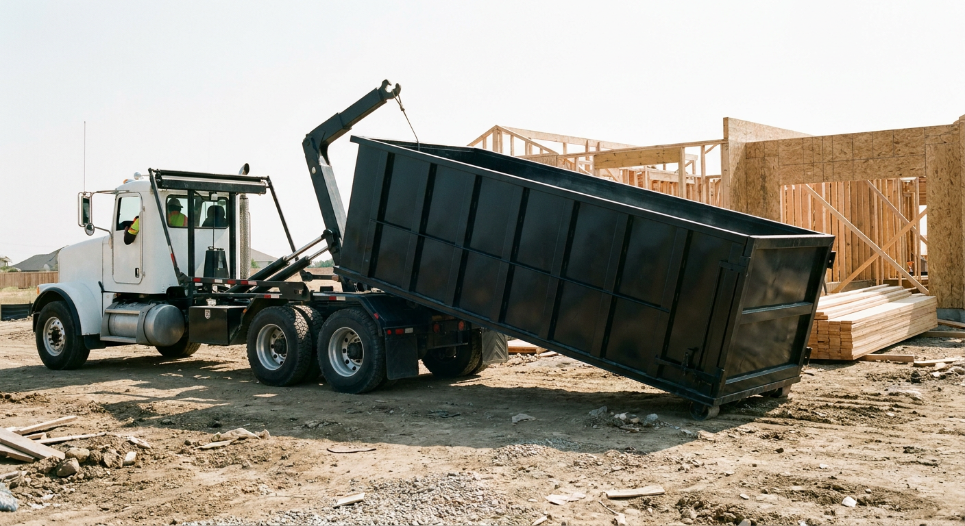 Matte-black roll-off dumpster being delivered onto a clean residential concrete driveway in Plantation by an unmarked white hooklift hauler truck, bright morning daylight, documentary 35mm perspective.
